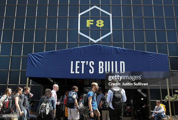 Attendees gather outside of the Facebook f8 conference on April 30, 2014 in San Francisco, California. Facebook CEO Mark Zuckerberg kicked off the...