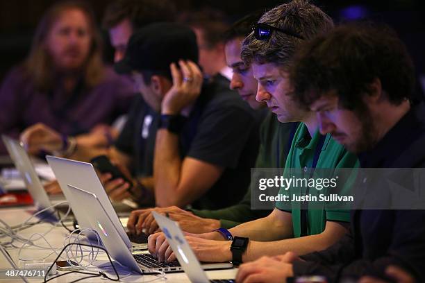 Attendees work on computers at the Facebook f8 conference on April 30, 2014 in San Francisco, California. Facebook CEO Mark Zuckerberg kicked off the...