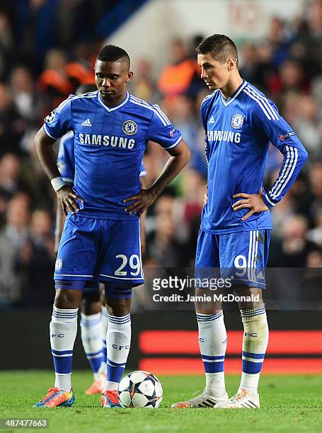 Samuel Eto'o and Fernando Torres of Chelsea look dejected after the goal by Diego Costa of Club Atletico de Madrid during the UEFA Champions League...