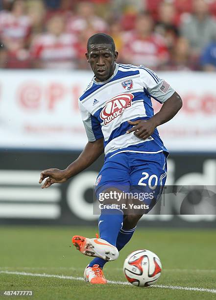 Hendry Thomas of FC Dallas kicks the ball at Toyota Stadium in Frisco on April 19, 2014 in Frisco, Texas.