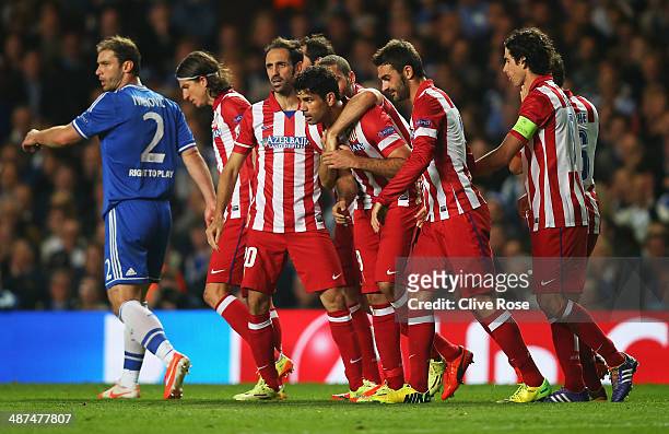 Diego Costa of Club Atletico de Madrid celebrates his goal with team mates during the UEFA Champions League semi-final second leg match between...