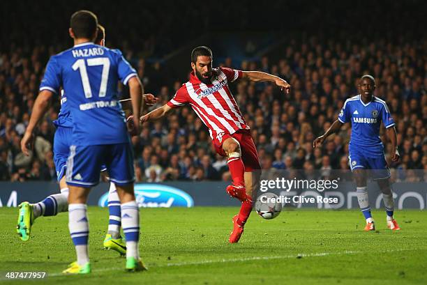 Arda Turan of Club Atletico de Madrid scores his team's third goal during the UEFA Champions League semi-final second leg match between Chelsea and...