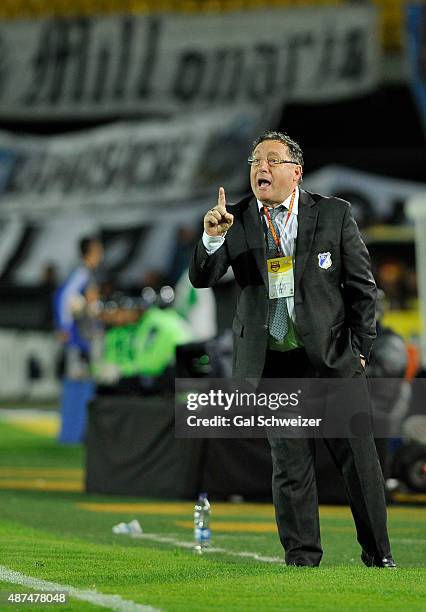 Ruben Israel head coach of Millonarios shouts instructions to his players during a match between Millonarios and Junior as part of Liga Aguila II...