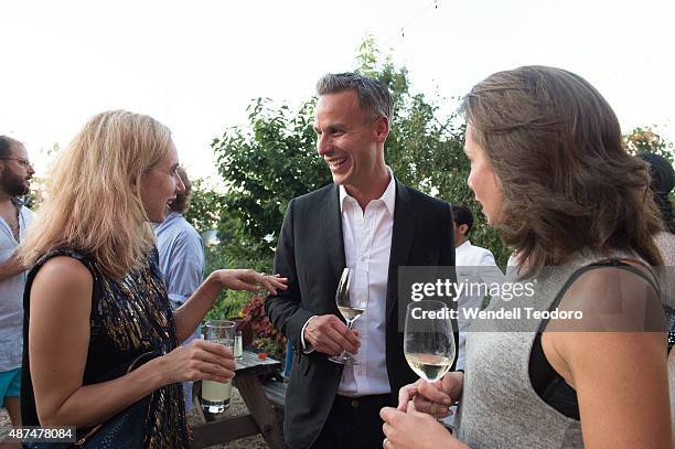 Actress Zoe Kazan and Adam Rapoport and Pamela Drucker Mann are photographed during the cocktail reception before the Rachel Comey fashion show at...