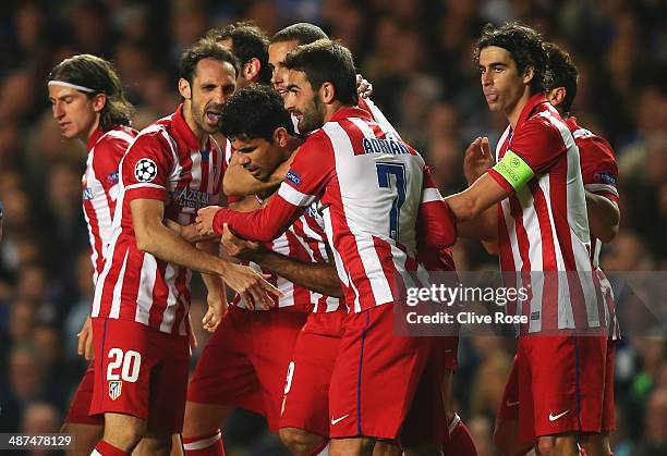 Diego Costa of Club Atletico de Madrid celebrates his goal with team mates during the UEFA Champions League semi-final second leg match between...