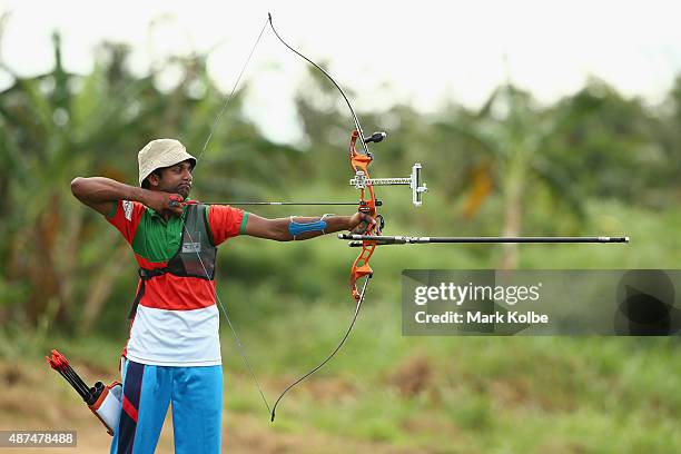 Mohammad Tamimul Islam of Bangladesh competes in the recurve bow individual boys archery final at the Tuanaimato Sports Facility on day four of the...