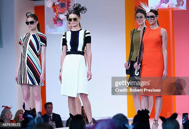 Models walk the runway during the Myer Spring Fashion launch at Flemington Racecourse on September 10, 2015 in Melbourne, Australia.