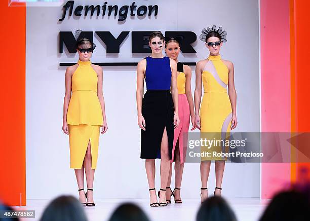 Models walk the runway during the Myer Spring Fashion launch at Flemington Racecourse on September 10, 2015 in Melbourne, Australia.