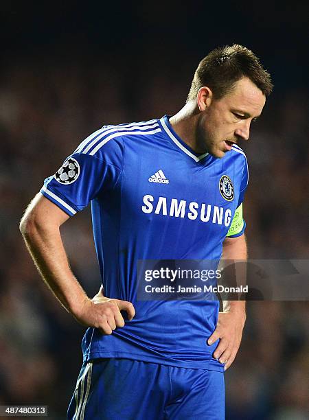 John Terry of Chelsea looks dejected during the UEFA Champions League semi-final second leg match between Chelsea and Club Atletico de Madrid at...