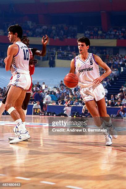 Drazen Petrovic of Real Madrid dribbles against Scavolini Pesaro during the 1988 McDonald's Open on October 21, 1988 at Palacio de los deportes in...