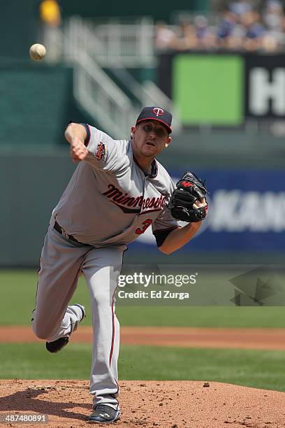 Kevin Correia of the Minnesota Twins throws at Kauffman Stadium on April 19, 2014 in Kansas City, Missouri.