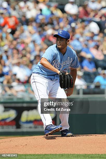 Bruce Chen of the Kansas City Royals throws against the Minnesota Twins at Kauffman Stadium on April 19, 2014 in Kansas City, Missouri.