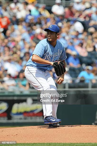 Bruce Chen of the Kansas City Royals throws against the Minnesota Twins at Kauffman Stadium on April 19, 2014 in Kansas City, Missouri.