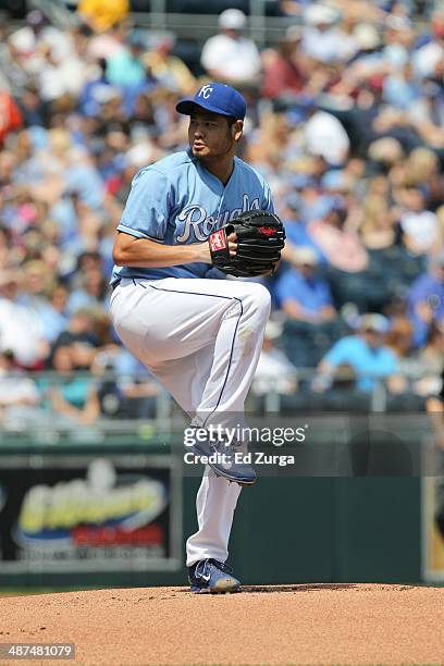 Bruce Chen of the Kansas City Royals throws against the Minnesota Twins at Kauffman Stadium on April 19, 2014 in Kansas City, Missouri.