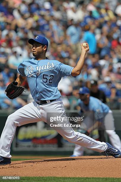 Bruce Chen of the Kansas City Royals throws against the Minnesota Twins at Kauffman Stadium on April 19, 2014 in Kansas City, Missouri.