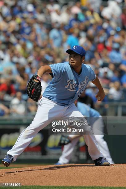 Bruce Chen of the Kansas City Royals throws against the Minnesota Twins at Kauffman Stadium on April 19, 2014 in Kansas City, Missouri.