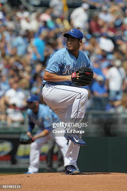 Bruce Chen of the Kansas City Royals throws against the Minnesota Twins at Kauffman Stadium on April 19, 2014 in Kansas City, Missouri.