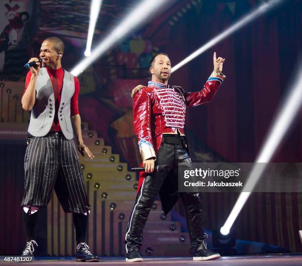 Swiss musicians Jesse Ritch and DJ BoBo performs live during a concert at Max-Schmeling Hall on April 30, 2014 in Berlin, Germany.