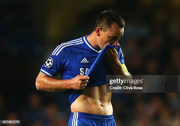 John Terry of Chelsea looks dejected after the UEFA Champions League semi-final second leg match between Chelsea and Club Atletico de Madrid at...