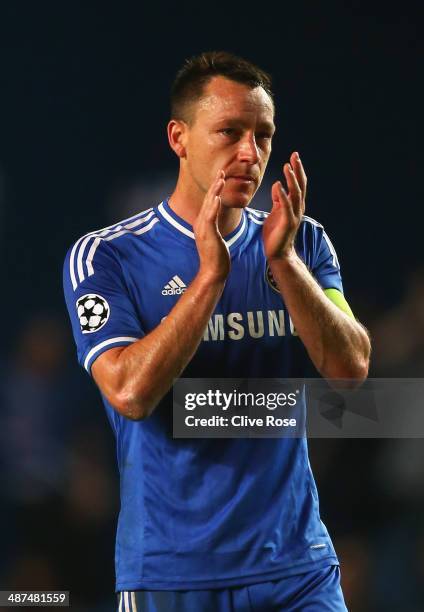 John Terry of Chelsea applauds the fans after the UEFA Champions League semi-final second leg match between Chelsea and Club Atletico de Madrid at...