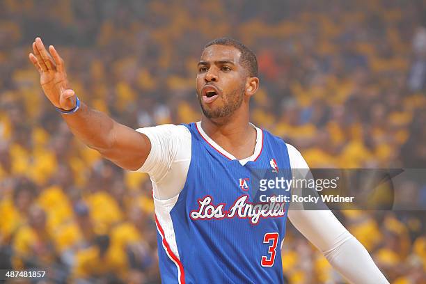 Chris Paul of the Los Angeles Clippers during a game against the Golden State Warriors in Game Three of the Western Conference Quarterfinals during...