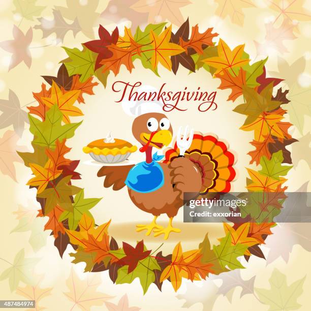 turkey in autumn wreath - cartoon thanksgiving stock illustrations