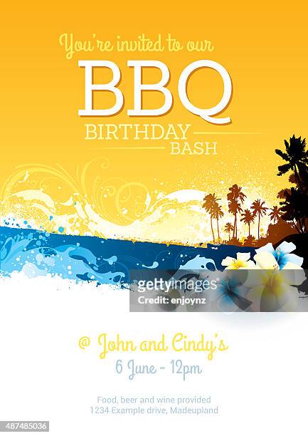 stockillustraties, clipart, cartoons en iconen met bbq birthday party invite - beach bbq