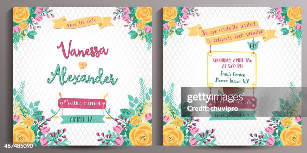 vintage wedding invitation. floral double sided square card 14.5 cm - rose wine stock illustrations