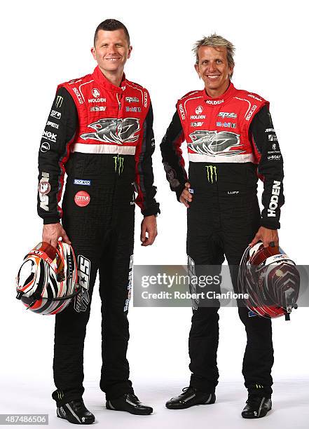 Garth Tander and Warren Luff of the Holden Racing Team pose during the 2015 V8 Supercars Enduro pairing portrait session at Sandown International...