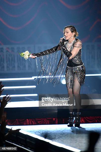 Madonna performs onstage during her "Rebel Heart" tour opener at Bell Centre on September 9, 2015 in Montreal, Canada.