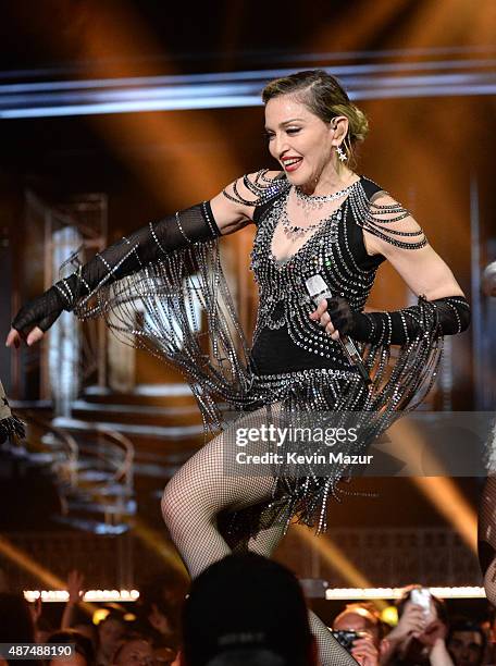 Madonna performs onstage during her "Rebel Heart" tour opener at Bell Centre on September 9, 2015 in Montreal, Canada.