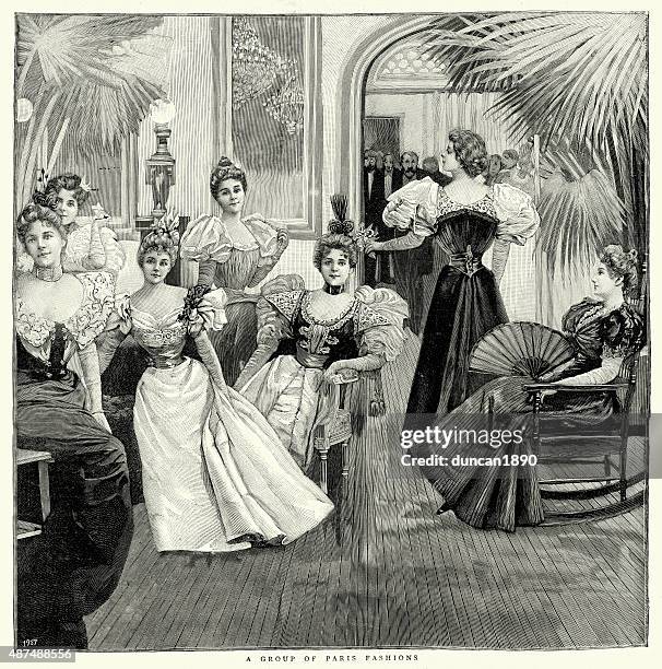 ilustrações, clipart, desenhos animados e ícones de women 1897 moda de paris - 1890s dresses