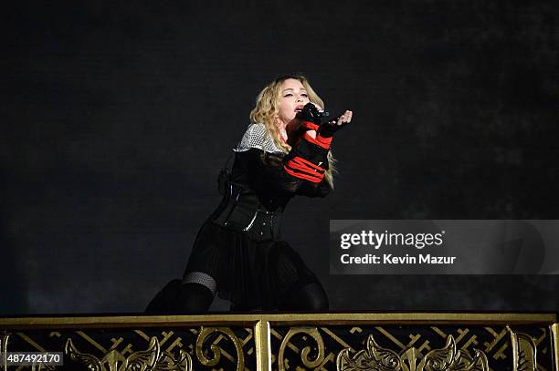 Madonna performs onstage during her "Rebel Heart" tour opener at Bell Centre on September 9, 2015 in Montreal, Canada.