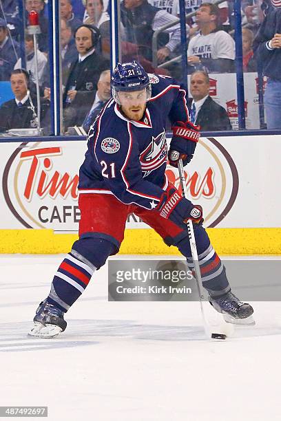 James Wisniewski of the Columbus Blue Jackets controls the puck during Game Six of the First Round of the 2014 NHL Stanley Cup Playoffs against the...