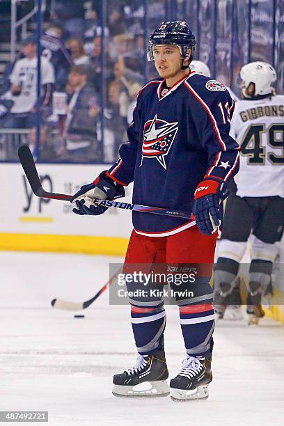 Cam Atkinson of the Columbus Blue Jackets warms up prior to the start of Game Six of the First Round of the 2014 NHL Stanley Cup Playoffs against the...