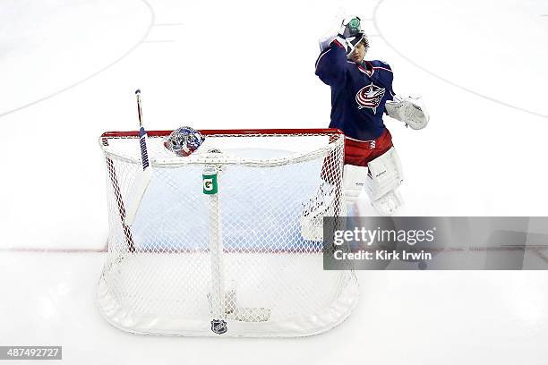 Sergei Bobrovsky of the Columbus Blue Jackets gives himself a splash of water in the face prior to the start of Game Six of the First Round of the...