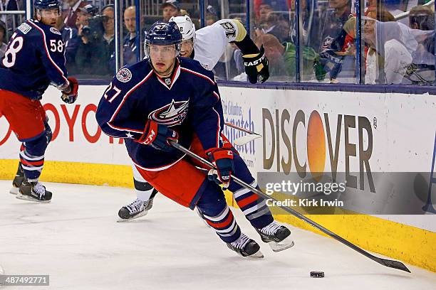 Ryan Murray of the Columbus Blue Jackets controls the puck during Game Six of the First Round of the 2014 NHL Stanley Cup Playoffs against the...