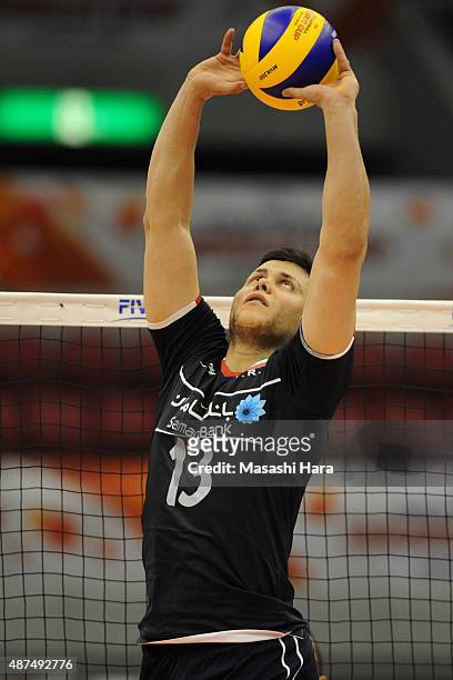 Mehdi Mahdavi of Iran tosses in the match between Iran and Venezuela during the FIVB Men's Volleyball World Cup Japan 2015 at the Hamamatsu Arena on...