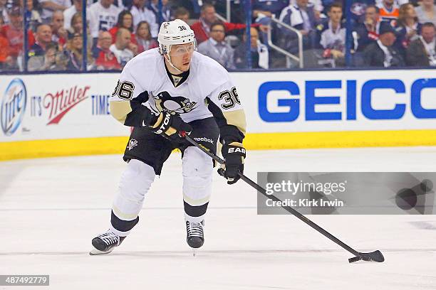 Jussi Jokinen of the Pittsburgh Penguins controls the puck during Game Six of the First Round of the 2014 NHL Stanley Cup Playoffs against the...