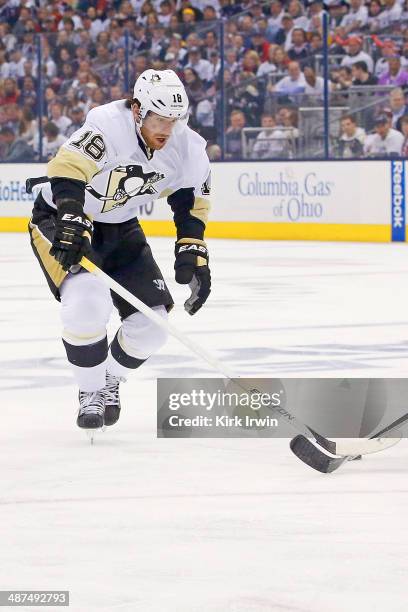 James Neal of the Pittsburgh Penguins skates after the puck during Game Six of the First Round of the 2014 NHL Stanley Cup Playoffs against the...