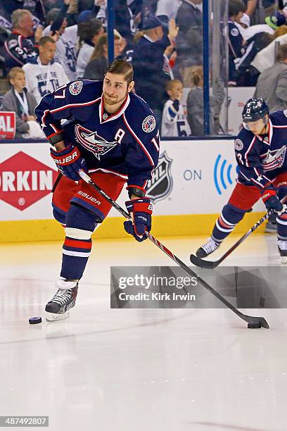 Brandon Dubinsky of the Columbus Blue Jackets warms up prior to the start of Game Six of the First Round of the 2014 NHL Stanley Cup Playoffs against...