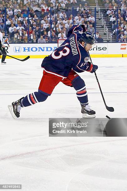 Cam Atkinson of the Columbus Blue Jackets controls the puck during Game Six of the First Round of the 2014 NHL Stanley Cup Playoffs against the...