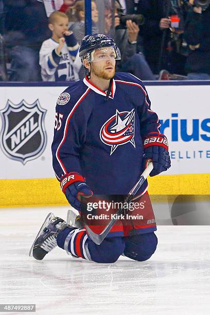 Mark Letestu of the Columbus Blue Jackets warms up prior to the start of Game Six of the First Round of the 2014 NHL Stanley Cup Playoffs against the...