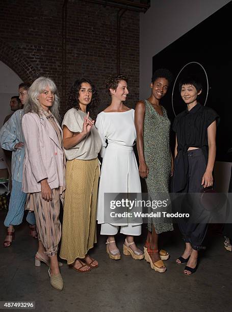 Models pose backstage before the Rachel Comey show at Pioneer Works on September 9, 2015 in the Brooklyn borough of New York City.