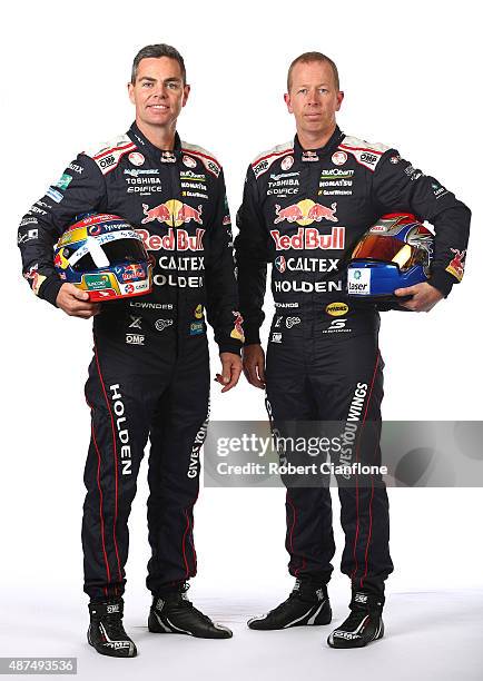 Craig Lowndes and Steven Richards of Red Bull Racing Australia pose during the 2015 V8 Supercars Enduro pairing portrait session at Sandown...