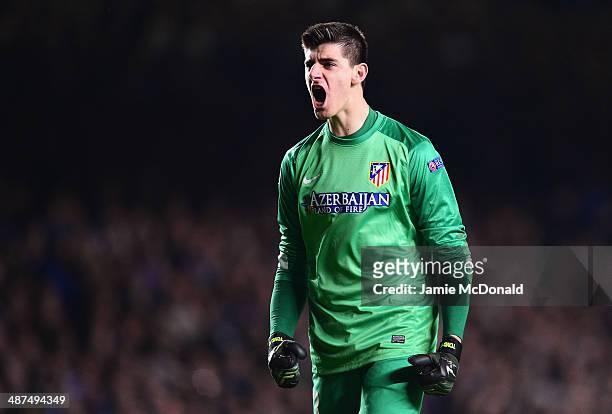 Goalkeeper Thibaut Courtois of Club Atletico de Madrid celebrates a goal during the UEFA Champions League semi-final second leg match between Chelsea...