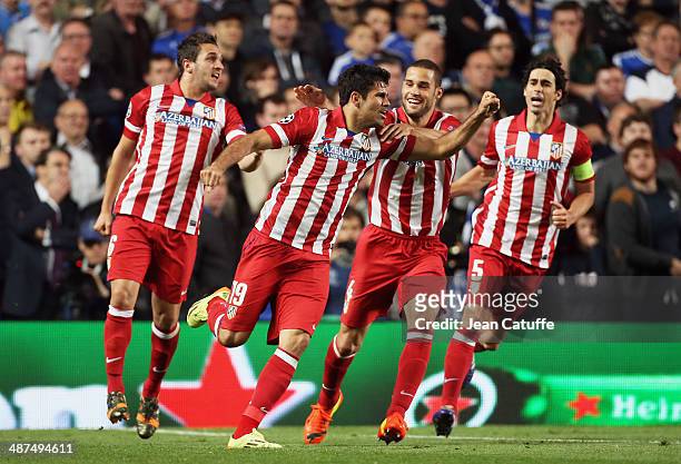 Diego Costa of Atletico de Madrid celebrates his goal with teammates during the UEFA Champions League semi final second leg match between Chelsea FC...