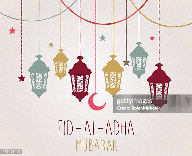 ilustrações de stock, clip art, desenhos animados e ícones de mubarak eid al adha poster. pendurar colorido lanterna - eid sky