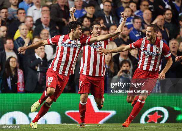 Diego Costa of Atletico de Madrid celebrates his goal with teammates during the UEFA Champions League semi final second leg match between Chelsea FC...