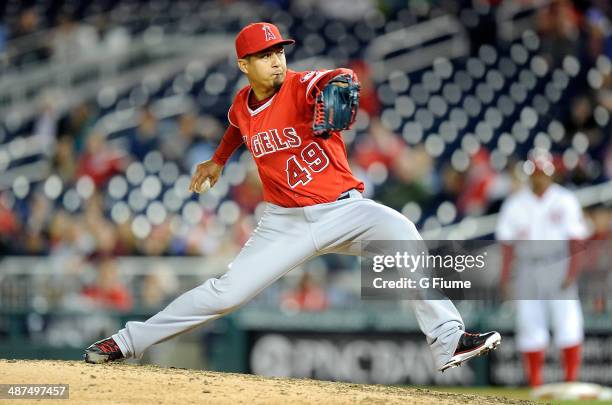 Ernesto Frieri of the Los Angeles Angels pitches against the Washington Nationals at Nationals Park on April 21, 2014 in Washington, DC.